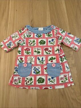 Mini Boden Pink Floral Patch Short Sleeve Tunic with Blue Stripe Pockets